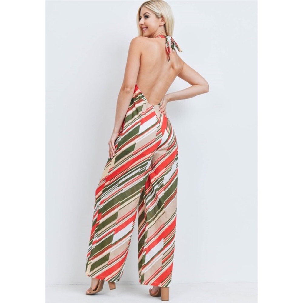 Retro Army Green Cream & Red Abstract Open Back Halter Jumpsuit - Picture 3 of 14